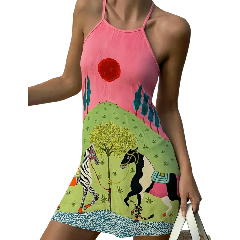 NEW! Pink & Green Halter Mini Dress - Artsy Horse & Zebra Design (Multple Sizes) - Picture 4 of 4
